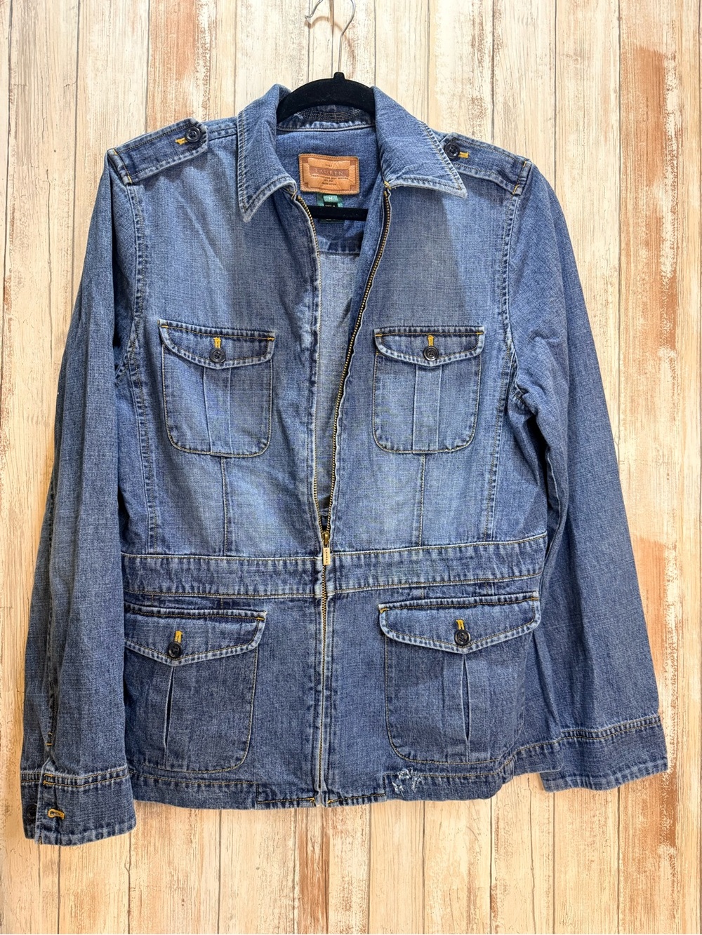 Denim JEAN JACKET~Ralph Lauren Traditional Cotton Med Blue Wash Pockets Y2K Med